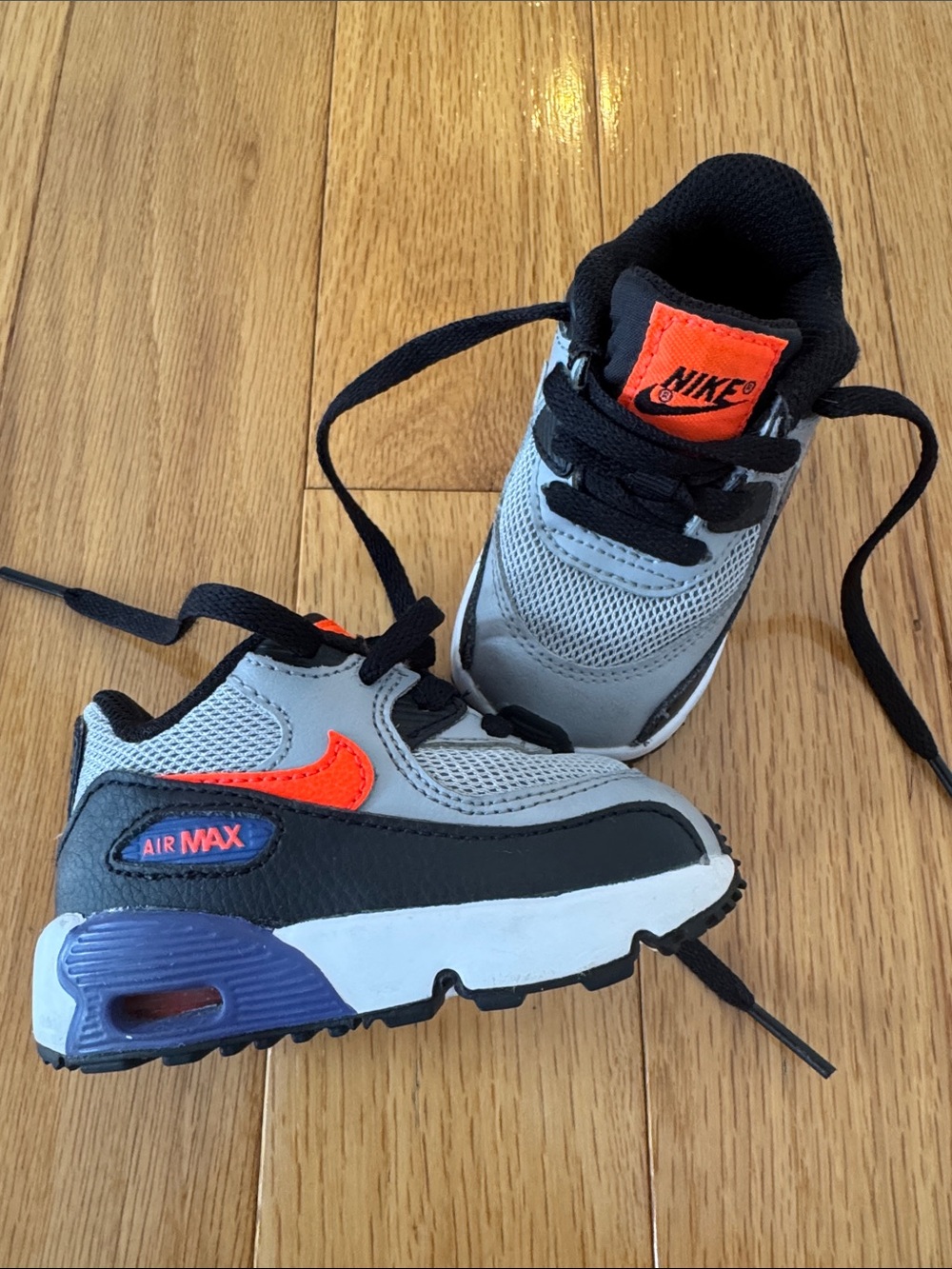 Nike Kids Grey Black Orange Air Max Sneakers with Purple Heel Accent